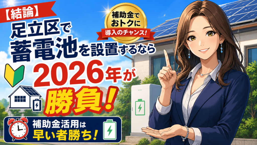 森川さんが足立区で蓄電池を設置するなら2026年が勝負と案内し、補助金活用は早い者勝ちだと強調する画像
