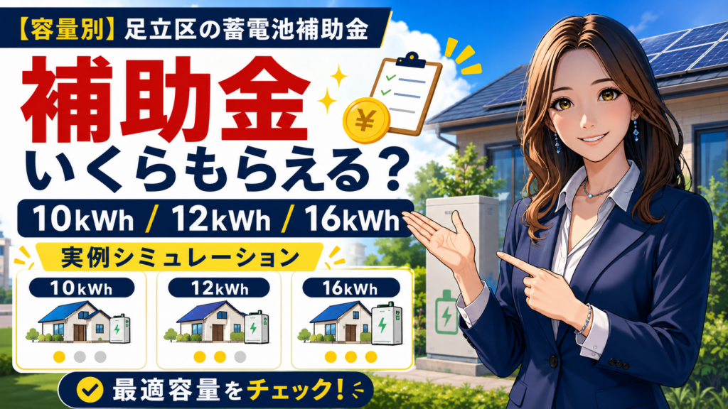森川さんが足立区の蓄電池補助金を案内し、10kWh・12kWh・16kWhの容量別に、もらえる金額の目安を比較できる画像