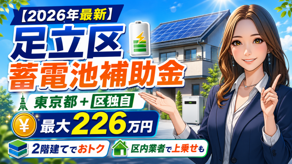 森川さんが足立区の蓄電池補助金を案内し、東京都と区独自の2階建て補助で最大226万円、区内業者なら上乗せもあると伝える画像