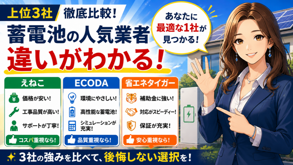 森川さんが足立区の蓄電池業者比較を案内し、えねこ・ECODA・省エネタイガーの違いや強みを上位3社でわかりやすく整理した画像
