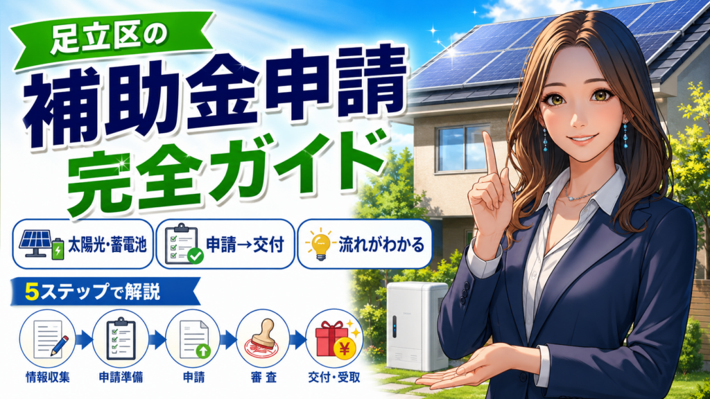 森川さんが足立区の太陽光発電・蓄電池補助金の申請方法を案内し、申請から交付までの流れを5ステップでわかりやすく示す画像