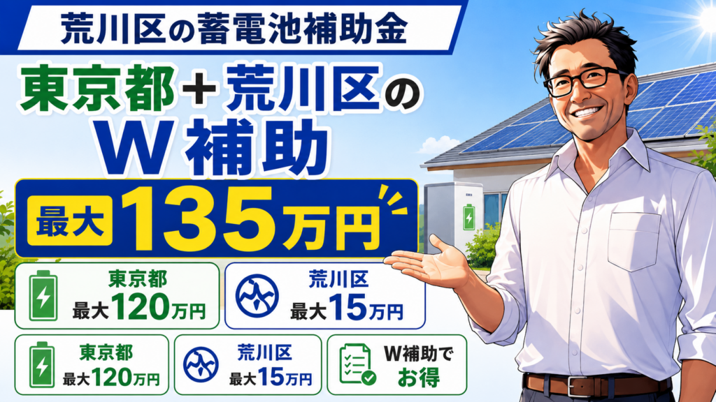 松本さんが荒川区の蓄電池補助金を案内し、東京都補助金と荒川区独自助成の併用で最大135万円もらえる仕組みを示す画像