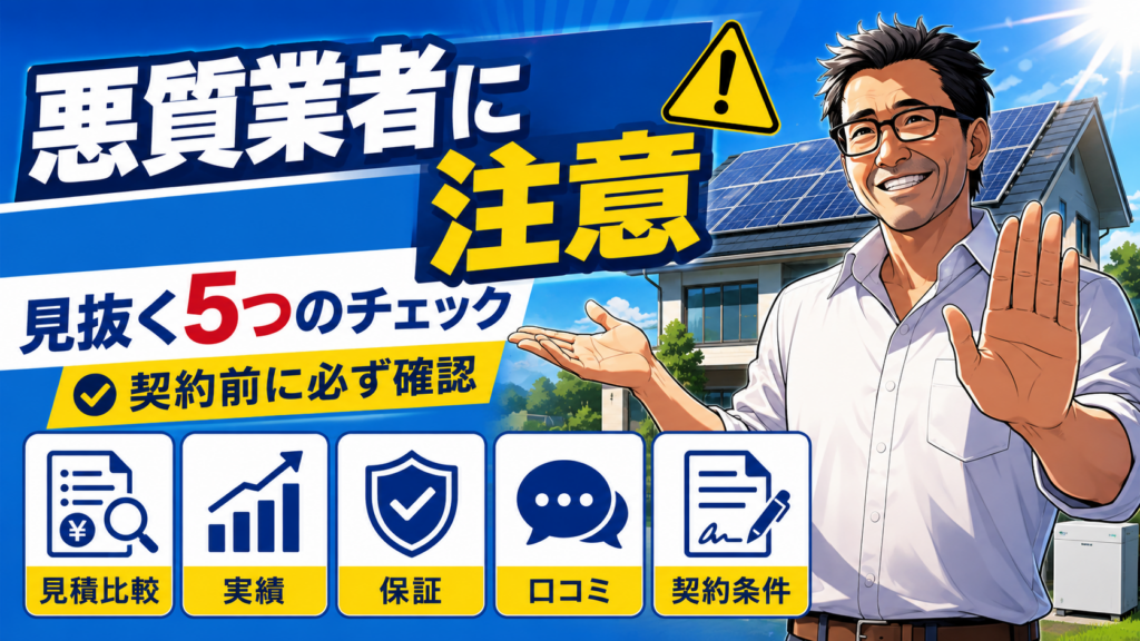 松本さんが蓄電池の悪質業者を見抜く5つのチェックポイントを解説し、見積比較・実績・保証・口コミ・契約条件の確認を促す画像