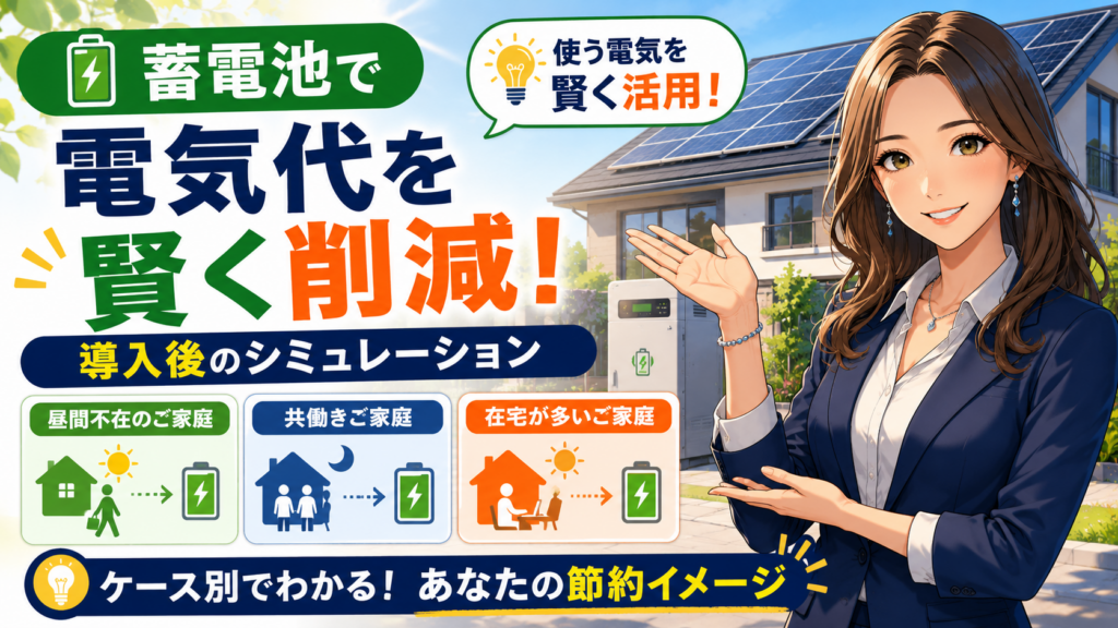 森川さんが蓄電池導入後の電気代削減シミュレーションを案内し、昼間不在・共働き・在宅が多い家庭別の節約イメージを比較する画像