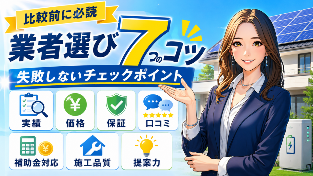 森川さんが蓄電池業者選びで失敗しないための7つのチェックポイントを解説し、実績・価格・保証・口コミ・補助金対応を確認する画像