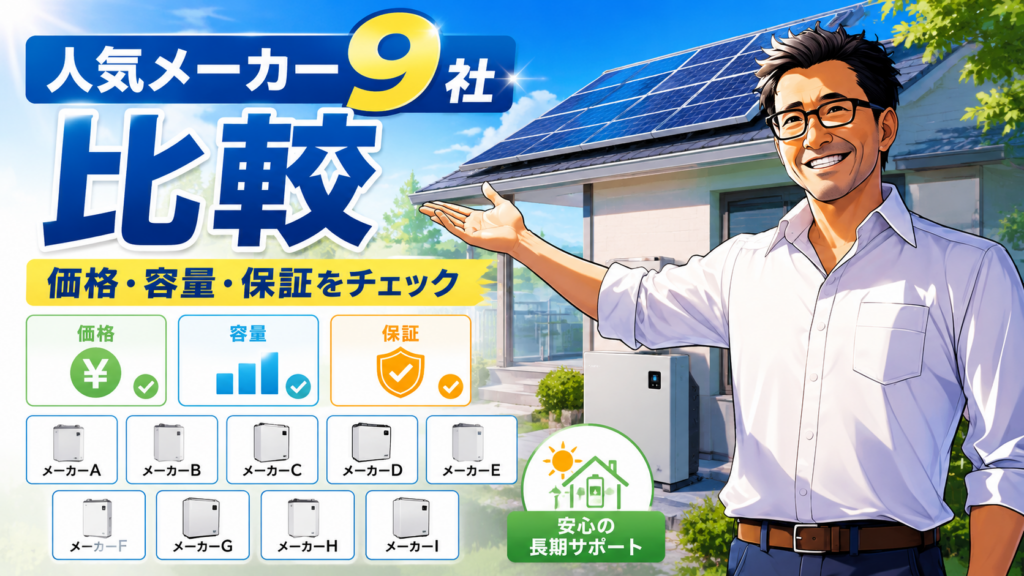 松本さんが蓄電池メーカー9社の比較ポイントを案内し、価格・容量・保証の違いや長期サポートの重要性をわかりやすく伝える画像