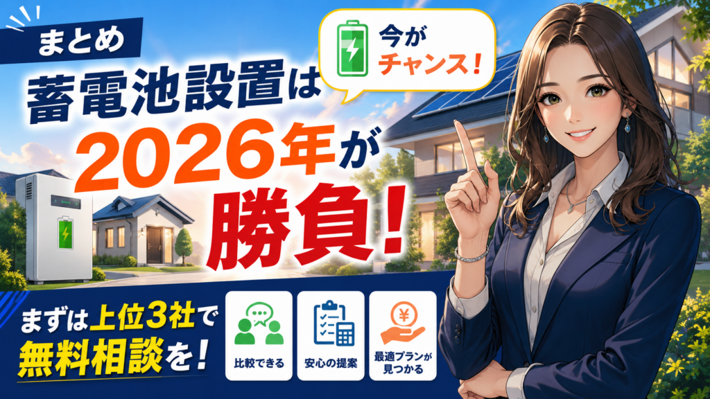 森川さんが蓄電池設置は2026年が勝負と案内し、上位3社で無料相談して比較する重要性を伝えるまとめ画像