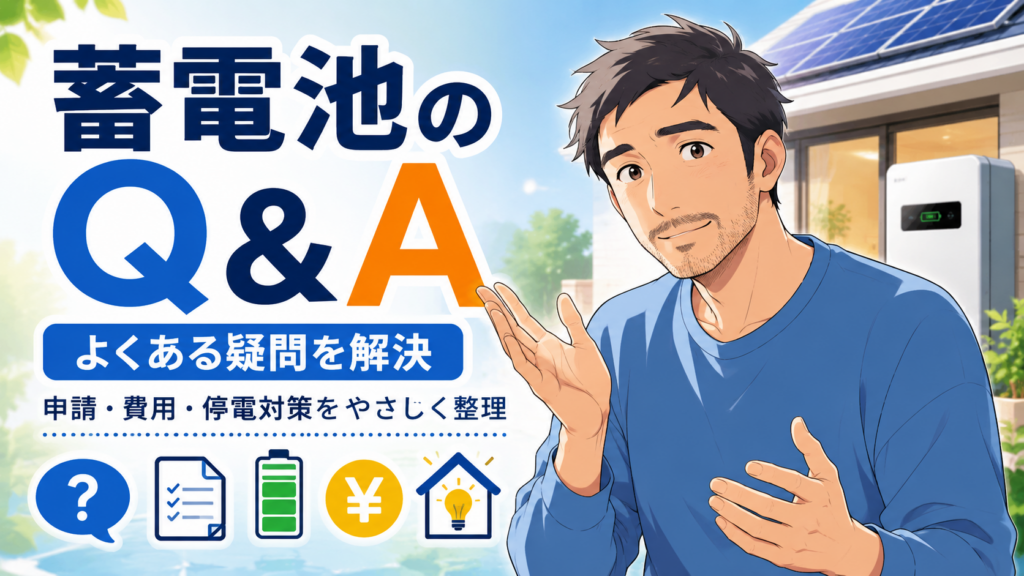 佐藤さんが蓄電池に関するQ&Aを解説し、申請・費用・停電対策・導入前の疑問をやさしく整理している画像