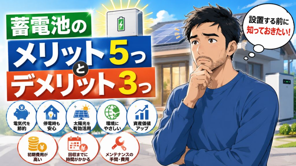 佐藤さんが蓄電池設置前に知るべきメリット5つとデメリット3つを確認し、電気代節約や停電対策、費用面の注意点を解説する画像