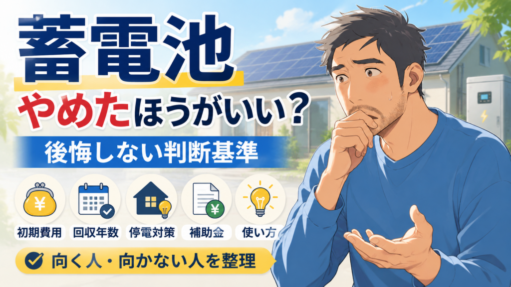 佐藤さんが蓄電池をやめたほうがいいケースを考え、初期費用や回収年数、停電対策、補助金など後悔しない判断基準を解説する画像