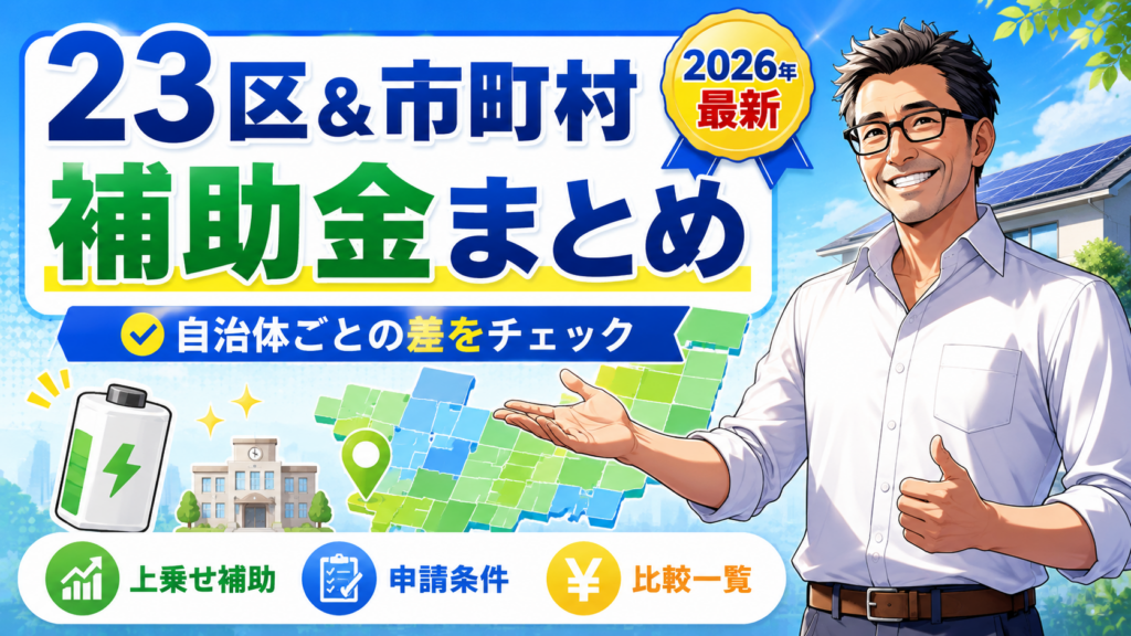 松本さんが23区と市町村ごとの蓄電池補助金を案内し、上乗せ補助、申請条件、比較一覧をわかりやすく紹介する2026年最新の画像