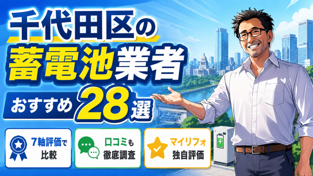 松本さんが千代田区の蓄電池業者ランキング28選を紹介し、7軸評価・口コミ調査・マイリフォ独自評価で比較する画像