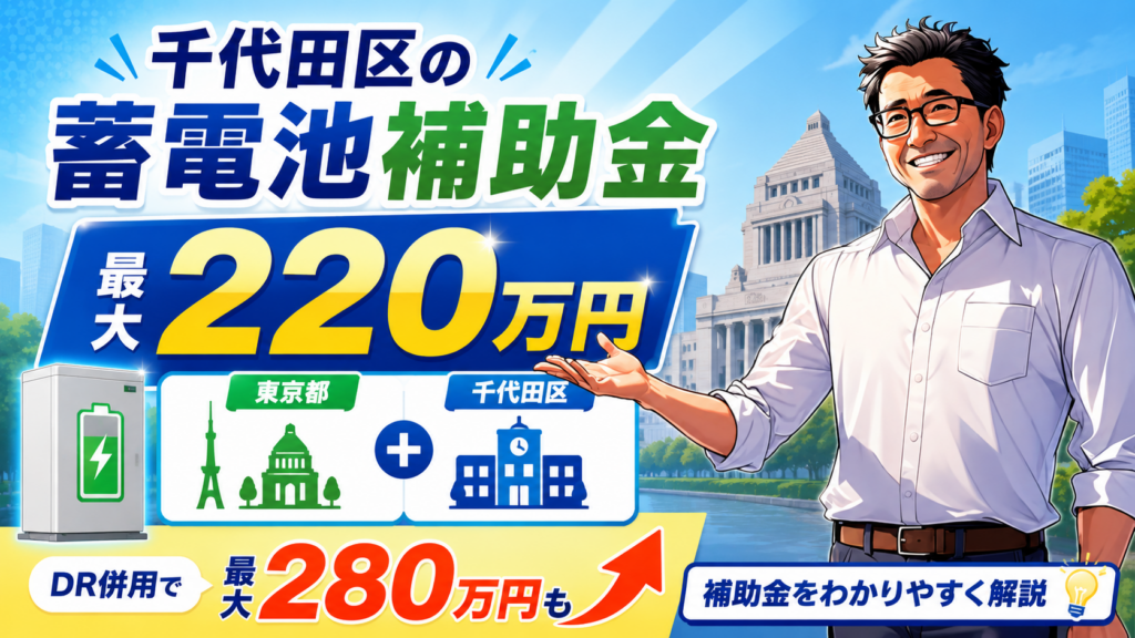 松本さんが千代田区の蓄電池補助金を解説し、東京都と千代田区の併用で最大220万円、DR補助金併用で最大280万円も目指せることを示す画像
