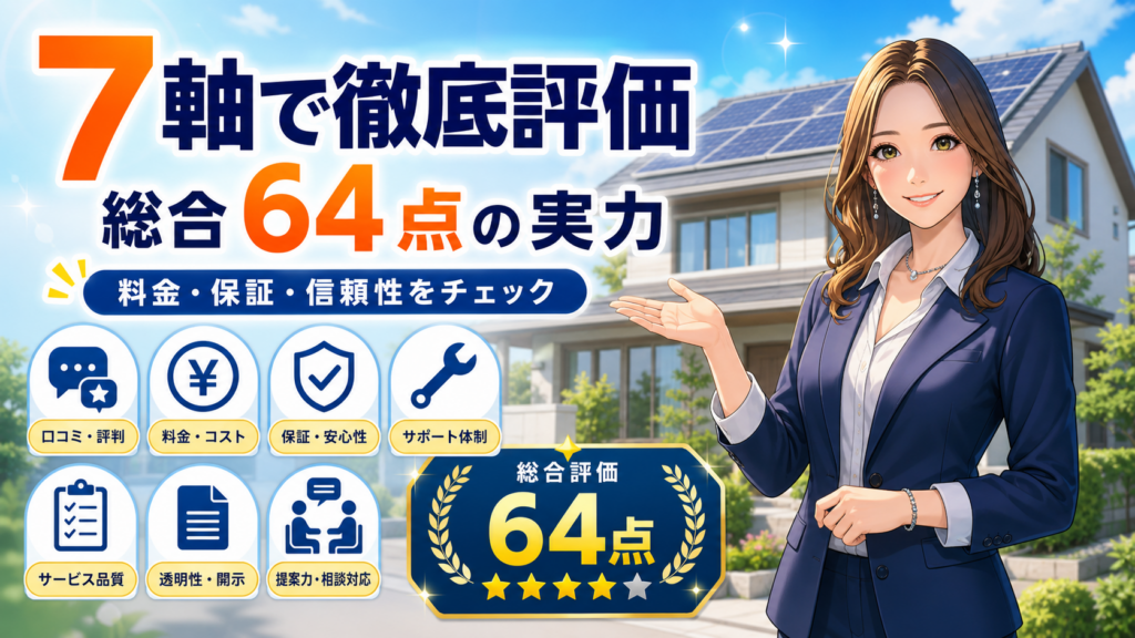 中部電力ミライズの太陽光発電を7軸で徹底評価し、総合64点の実力を森川さんが口コミ・料金・保証・透明性などの観点で紹介する画像