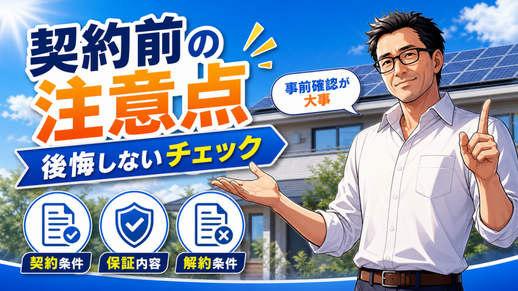 中部電力ミライズの太陽光発電を契約前に確認すべき注意点として、松本さんが契約条件・保証内容・解約条件を解説する画像