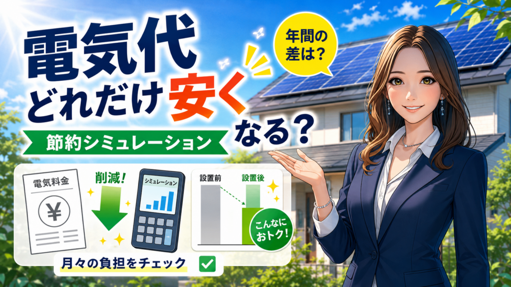中部電力ミライズの太陽光発電で電気代がどれだけ安くなるかを、森川さんが電気料金・削減額・設置前後の比較で解説する画像