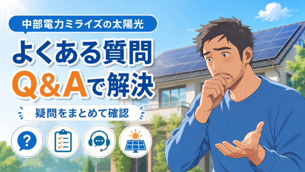 中部電力ミライズの太陽光発電に関するよくある質問を、佐藤さんが料金・申込み・保証・相談前の疑問をQ&A形式でわかりやすく解説する画像