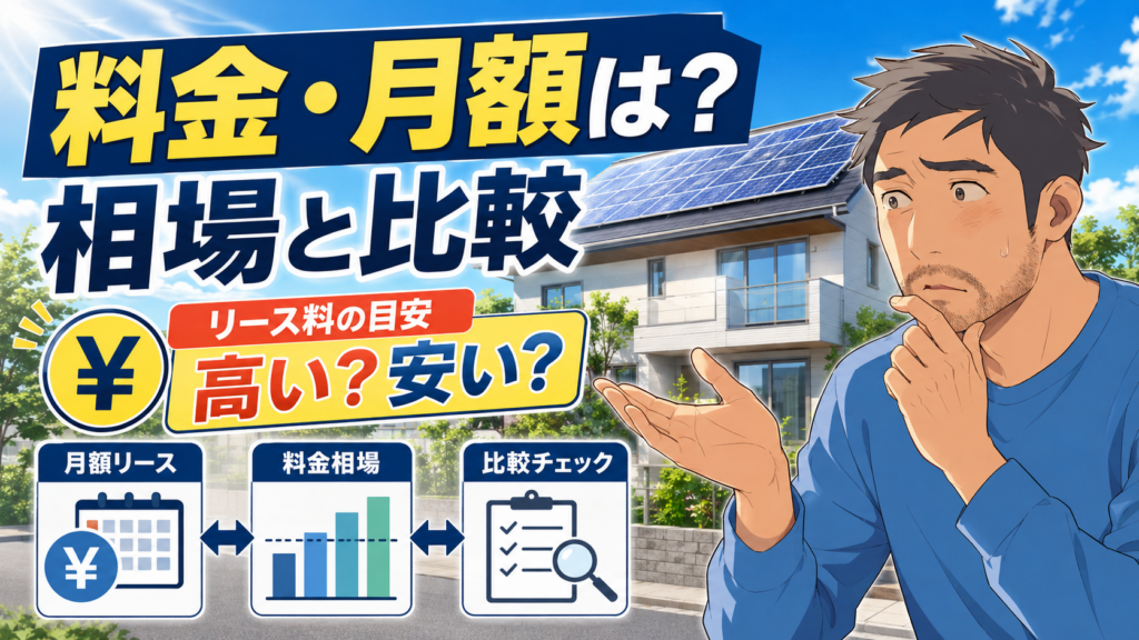 中部電力ミライズの太陽光発電の料金と月額リース料を、佐藤さんが相場比較やリース料の目安、高いか安いかの視点で確認している画像