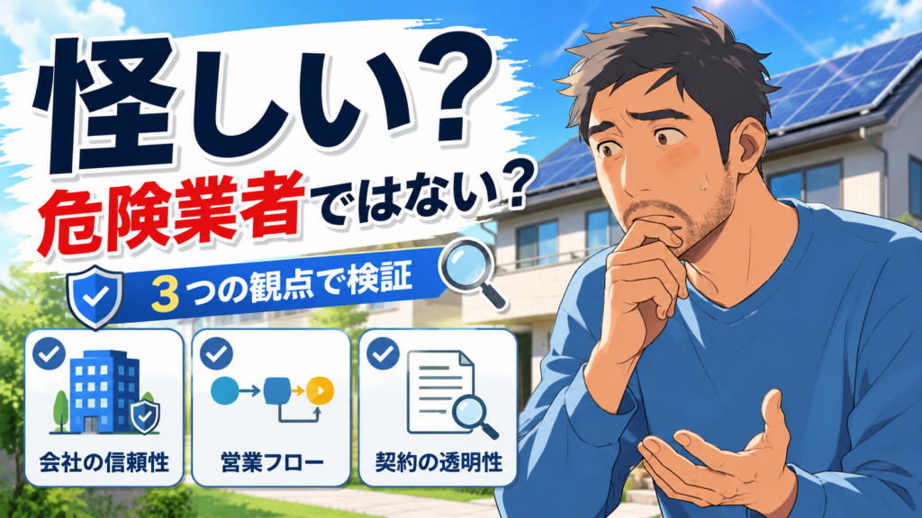 中部電力ミライズの太陽光発電が怪しい業者ではないかを、佐藤さんが会社の信頼性・営業フロー・契約の透明性で確認する画像