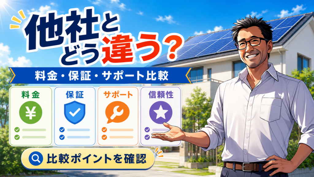 中部電力ミライズの太陽光発電と他社の違いを、松本さんが料金・保証・サポート・信頼性の比較ポイントでわかりやすく解説している画像