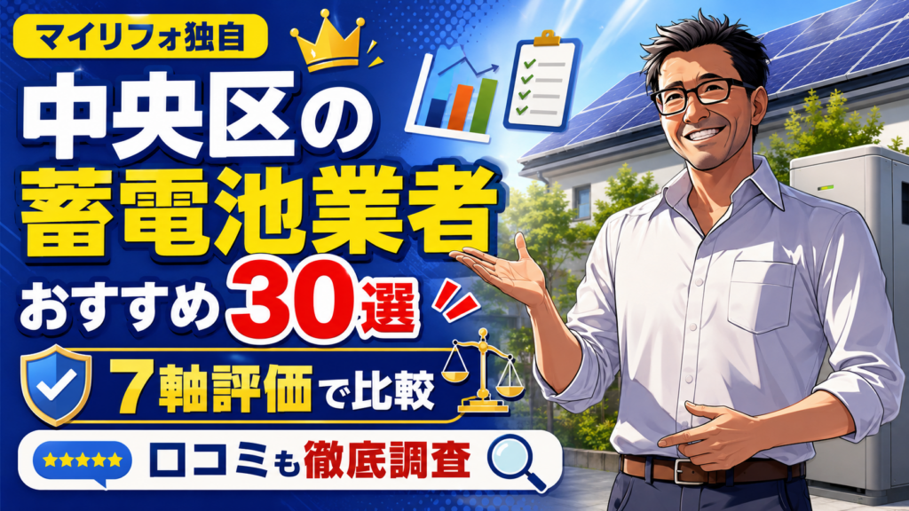 松本さんが中央区の蓄電池業者ランキング30選を紹介し、7軸評価・口コミ調査・マイリフォ独自評価で比較する画像