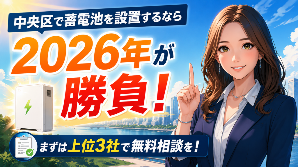 森川さんが中央区で蓄電池を設置するなら2026年が勝負と案内し、上位3社で無料相談して比較する大切さを伝えるまとめ画像