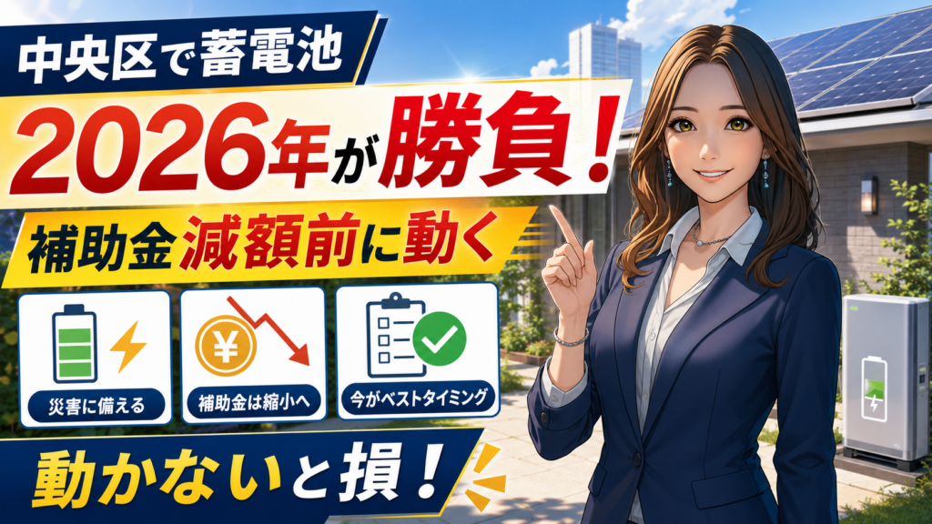 森川さんが中央区で蓄電池を設置するなら2026年が勝負と伝え、補助金減額前に動く重要性や災害対策を案内する画像