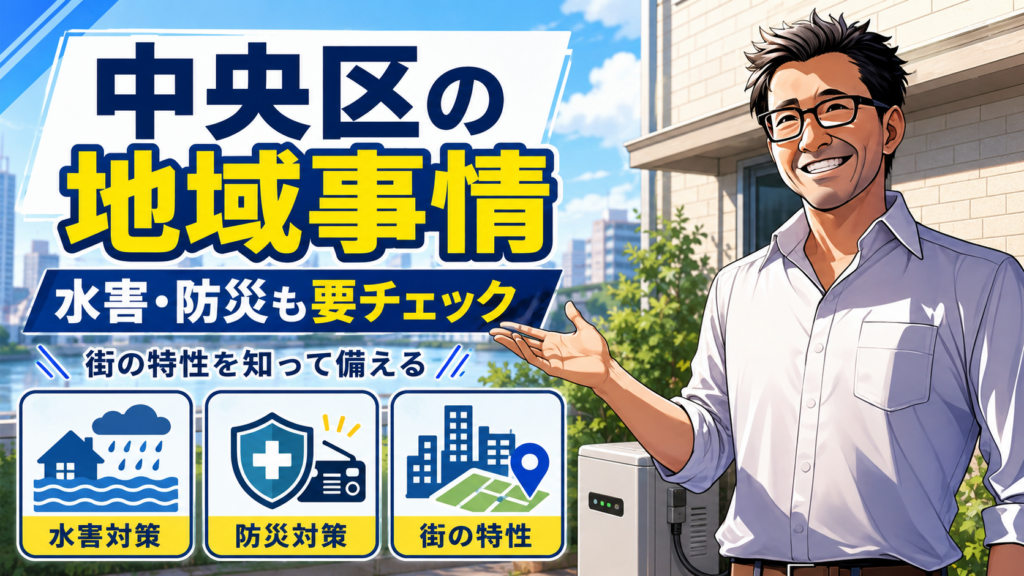 松本さんが中央区で蓄電池を設置する前に知りたい地域事情を解説し、水害対策・防災対策・街の特性を確認する画像