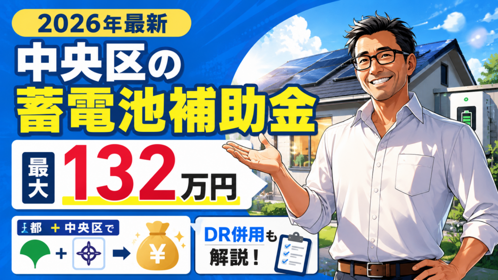 松本さんが中央区の蓄電池補助金を解説し、東京都と中央区の併用で最大132万円、国のDR補助金との組み合わせも案内する画像