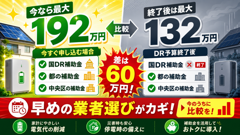 中央区の蓄電池補助金を比較し、今すぐ申込なら国DR・東京都・中央区で最大192万円、DR終了後は最大132万円と60万円差を示す画像