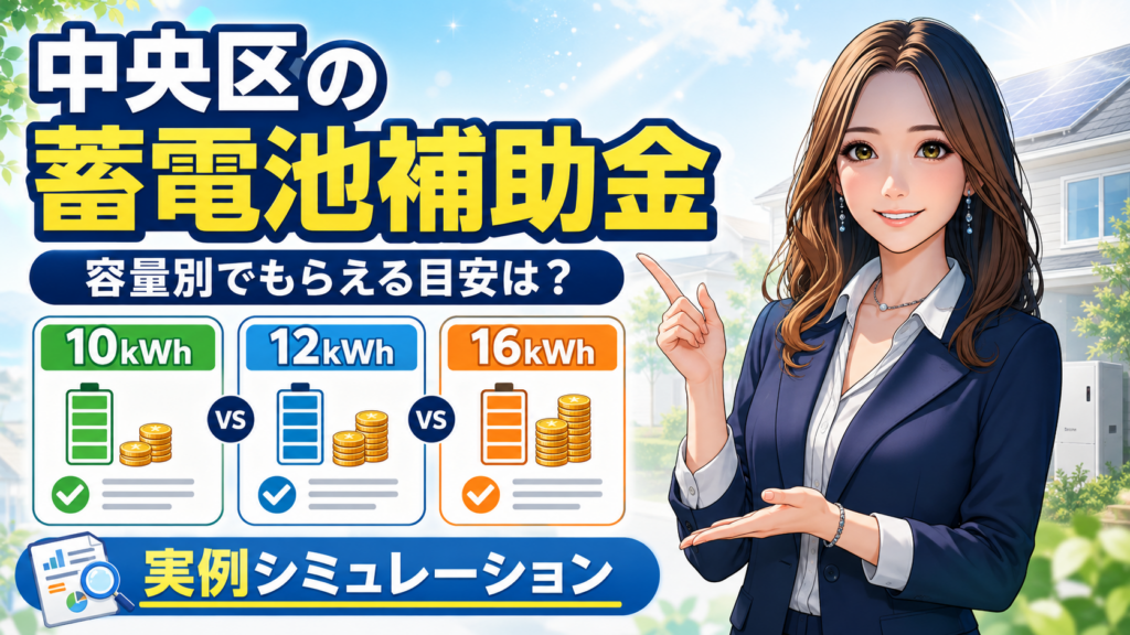 森川さんが中央区の蓄電池補助金を案内し、10kWh・12kWh・16kWhの容量別にもらえる目安や実例シミュレーションを比較する画像