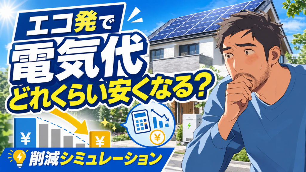 佐藤さんが太陽光パネル付きの住宅を背景に不安そうに考えながら、エコ発で電気代がどれくらい安くなるのかを削減シミュレーションでわかりやすく紹介している画像