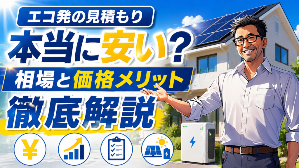 松本さんが太陽光パネル付き住宅と蓄電池を背景に、エコ発の見積もりは本当に安いのか、相場と価格メリットを徹底解説している画像