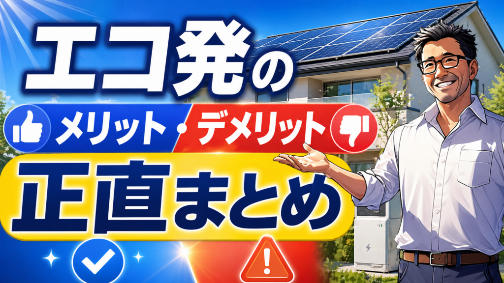 松本さんが太陽光パネル付き住宅と蓄電池を背景に、エコ発のメリット・デメリットを正直にまとめて紹介している画像