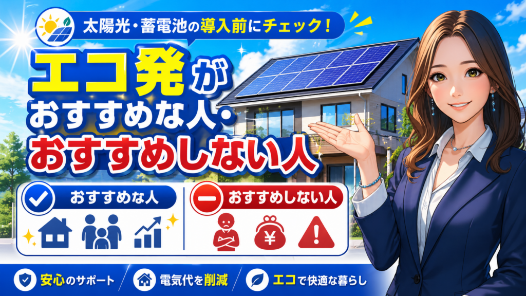 森川さんが太陽光パネル付き住宅を背景に、エコ発がおすすめな人とおすすめしない人の違いをチェック形式でわかりやすく紹介している画像