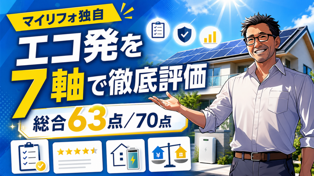松本さんが太陽光パネル付き住宅と蓄電池を背景に、エコ発をマイリフォ独自の7軸で評価し総合63点70点と紹介する画像