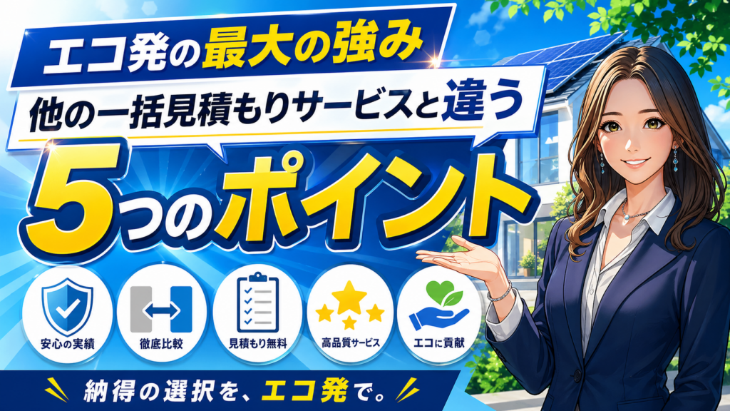 森川さんが太陽光パネル付き住宅を背景に、エコ発の最大の強みと他の一括見積もりサービスと違う5つのポイントを紹介する画像