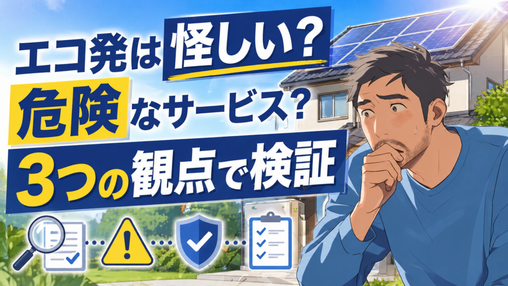 佐藤さんが太陽光パネル付き住宅を背景に不安そうに考え、エコ発が怪しい危険なサービスなのかを3つの観点で検証する画像
