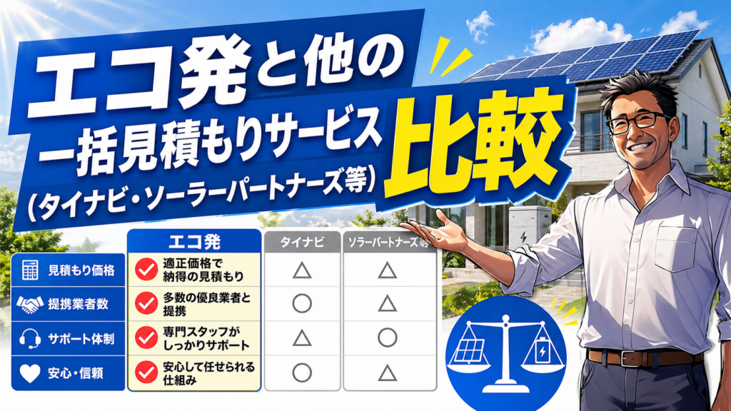 松本さんが太陽光パネル付き住宅を背景に、エコ発とタイナビ・ソーラーパートナーズなど他の一括見積もりサービスの違いを比較表で解説している画像