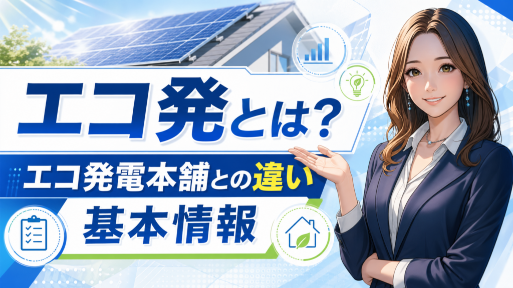 森川さんが太陽光パネル付き住宅を背景に、エコ発とは何か、エコ発電本舗との違い、基本情報をわかりやすく解説する画像