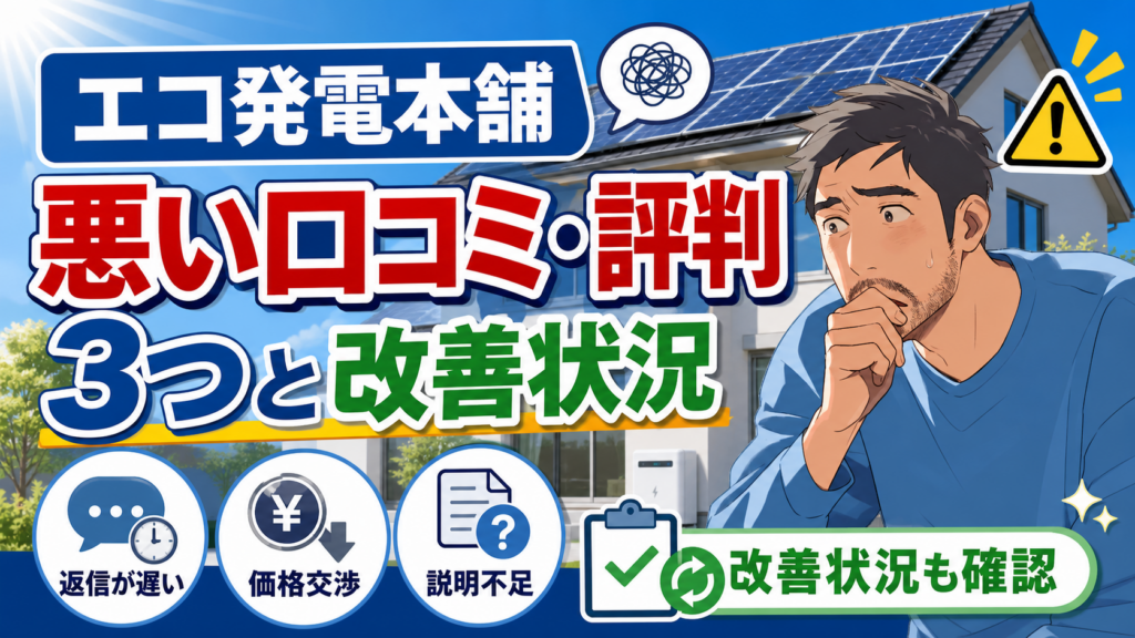 佐藤さんが不安そうに考える姿と太陽光パネル付き住宅を背景に、エコ発電本舗の悪い口コミ・評判を3つと改善状況を、返信の遅さ・価格交渉・説明不足の観点で解説する画像