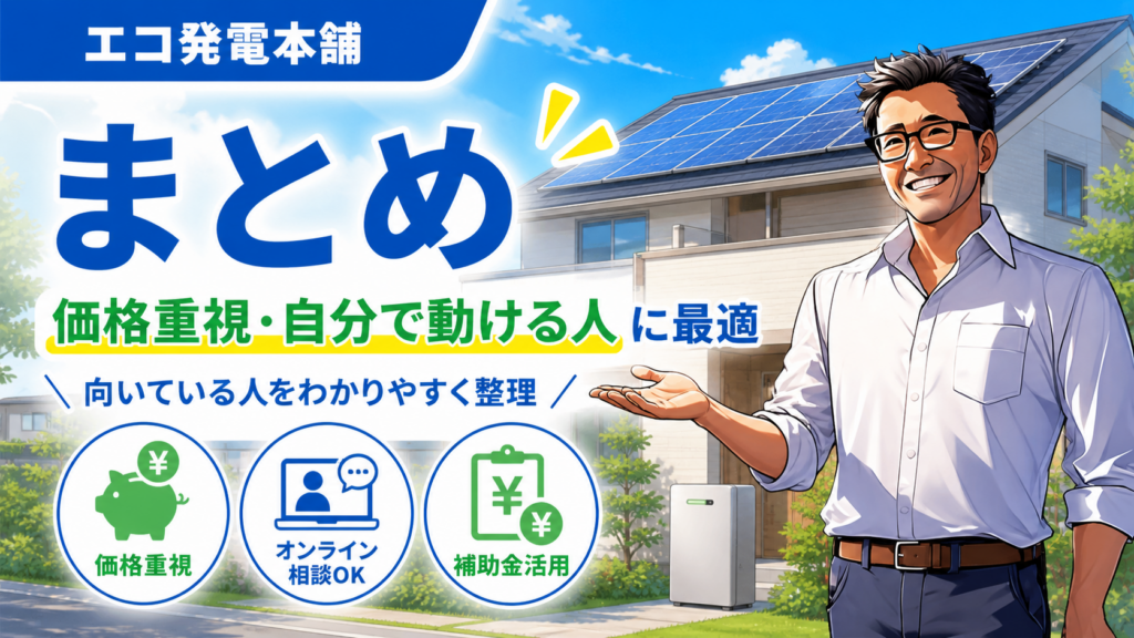 松本さんが太陽光パネル付き住宅と蓄電池を背景に、エコ発電本舗は価格重視で自分で動ける人に最適だと、オンライン相談や補助金活用も含めて解説するまとめ画像