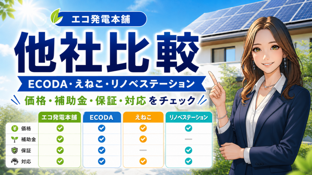 森川さんが太陽光パネル付き住宅を背景に、エコ発電本舗とECODA・えねこ・リノベステーションを価格・補助金・保証・対応の項目で比較する画像