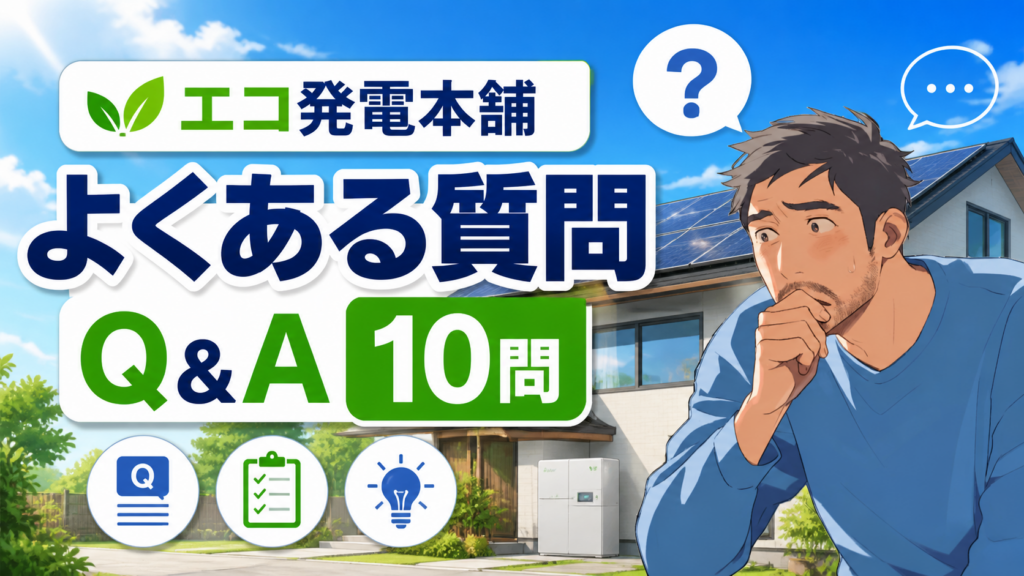 佐藤さんが太陽光パネル付き住宅と蓄電池を背景に、エコ発電本舗に関するよくある質問10問をQ&A形式で確認する解説画像