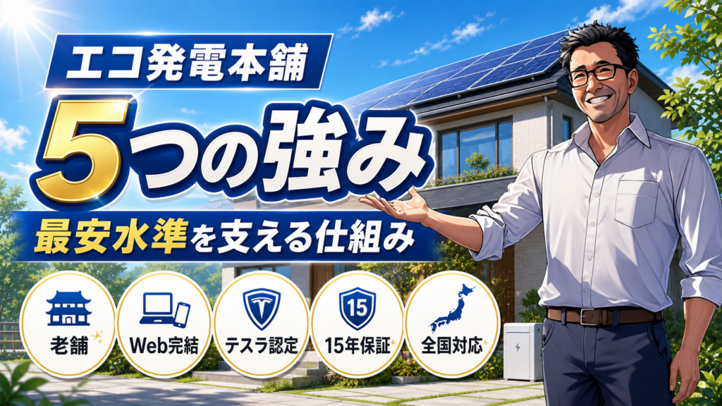 松本さんが太陽光パネル付き住宅を背景に、エコ発電本舗の5つの強みと業界最安水準を支える仕組みを、老舗・Web完結・テスラ認定・15年保証・全国対応で解説する画像