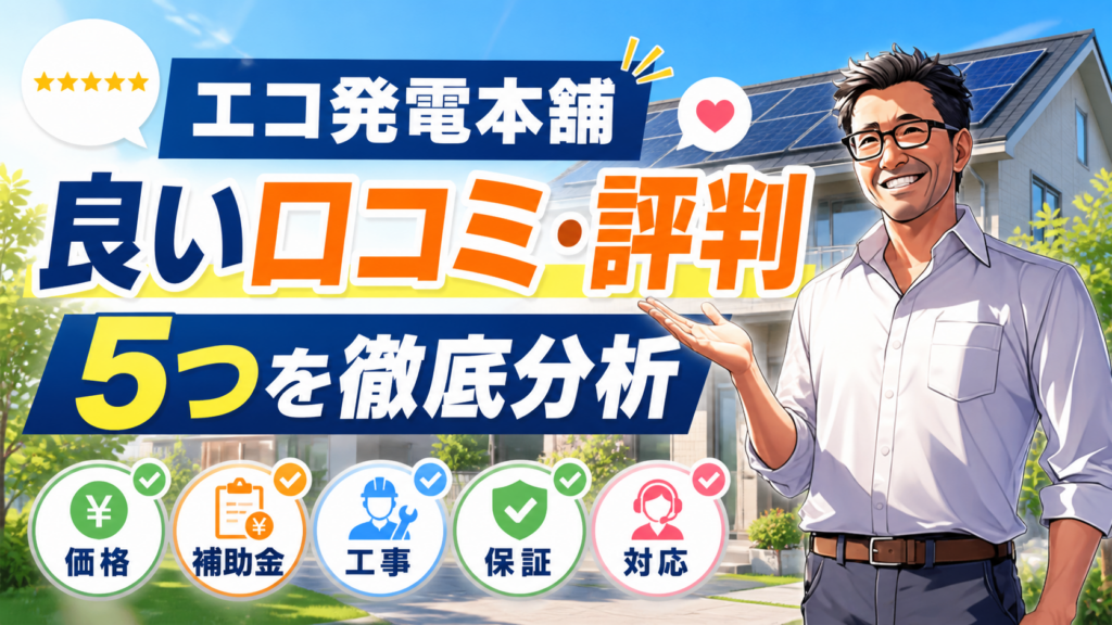 松本さんが太陽光パネル付き住宅を背景に、エコ発電本舗の良い口コミと評判を価格・補助金・工事・保証・対応の5項目で解説する画像