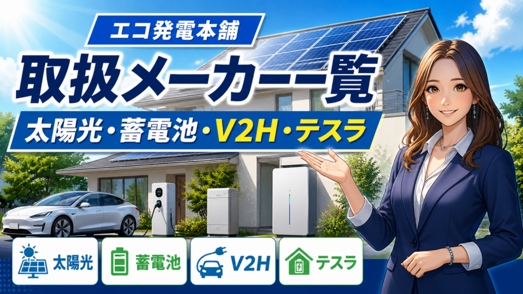森川さんが太陽光パネル付き住宅とEV充電設備を背景に、エコ発電本舗の取扱メーカー一覧を太陽光・蓄電池・V2H・テスラの項目で解説する画像