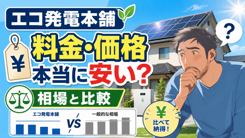 佐藤さんが太陽光パネル付き住宅と料金比較グラフを見ながら、エコ発電本舗の料金・価格が本当に安いのか相場と比較して検討する画像