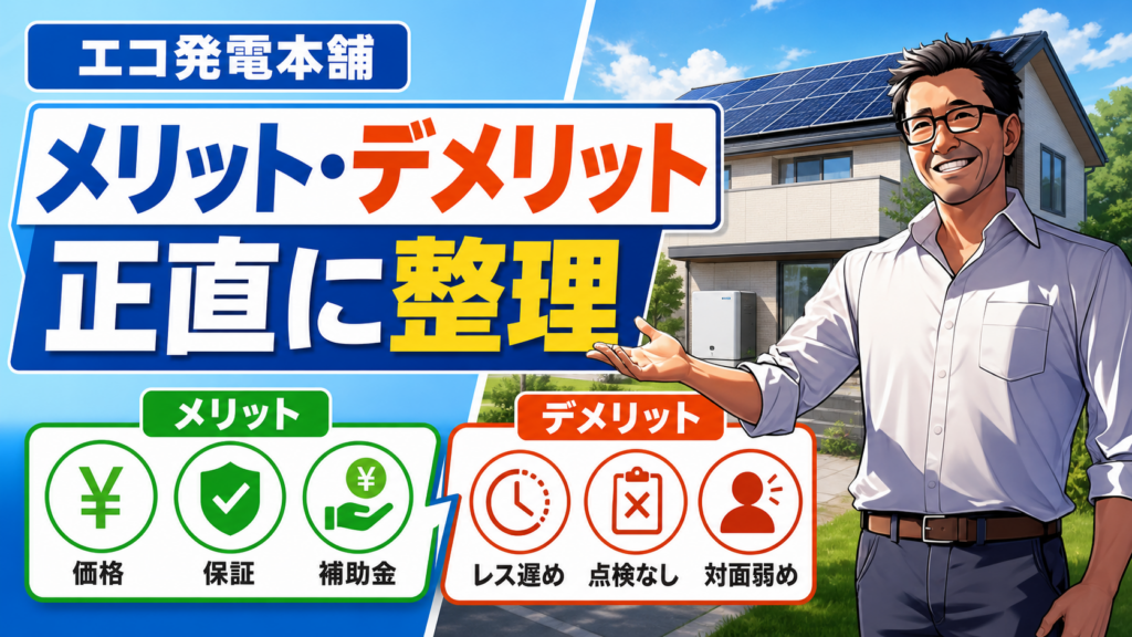 松本さんが太陽光パネル付き住宅を背景に、エコ発電本舗のメリットとデメリットを価格・保証・補助金・レスの遅さ・点検なし・対面弱めの項目で正直に整理する画像