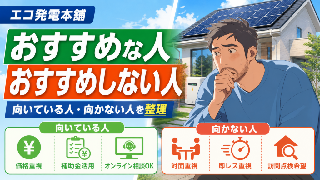 佐藤さんが太陽光パネル付き住宅を背景に、エコ発電本舗がおすすめな人とおすすめしない人を、価格重視・補助金活用・オンライン相談・対面重視などの条件で整理する画像